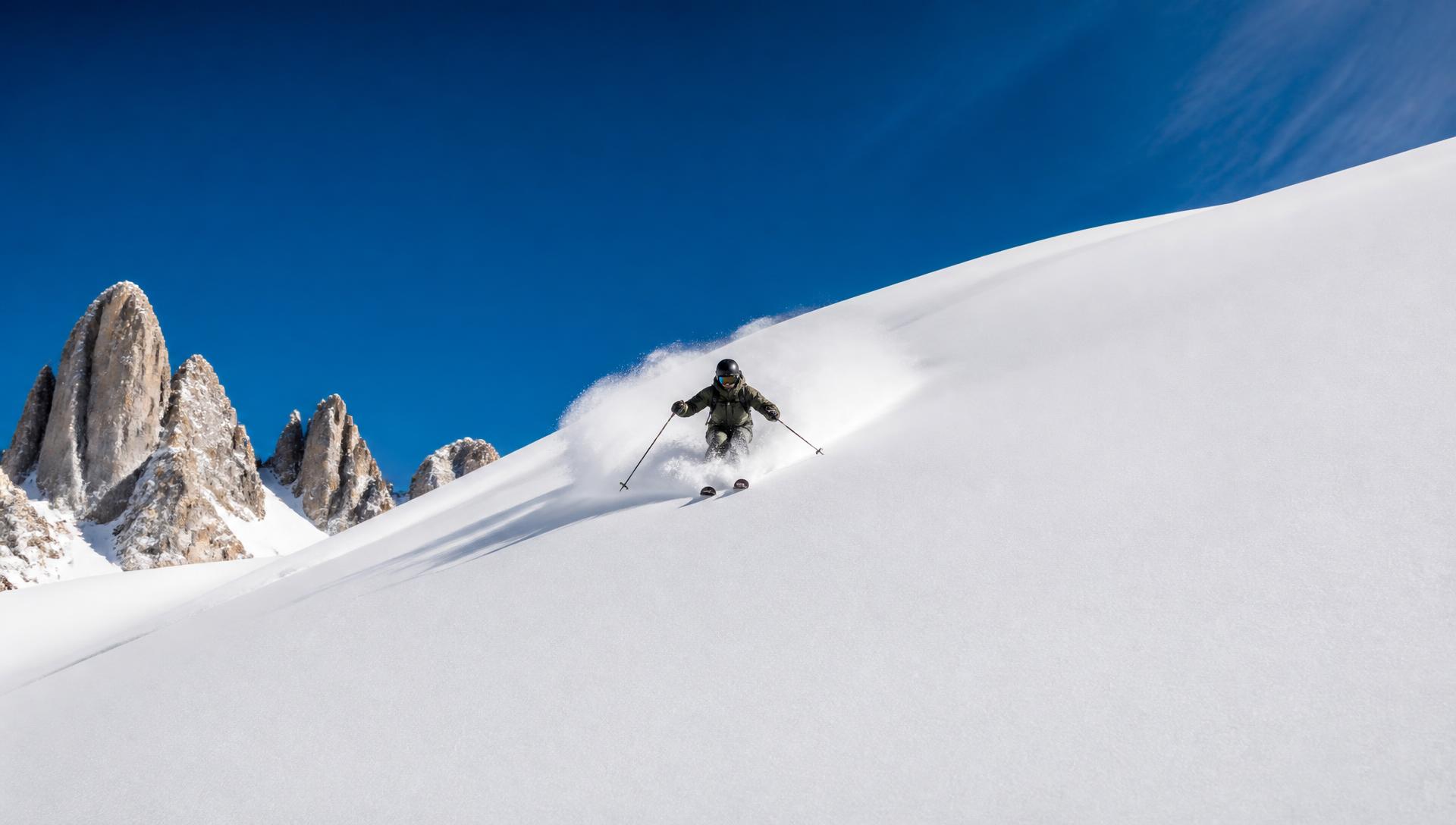 Skier carving a powder slope below the Dolomite towers