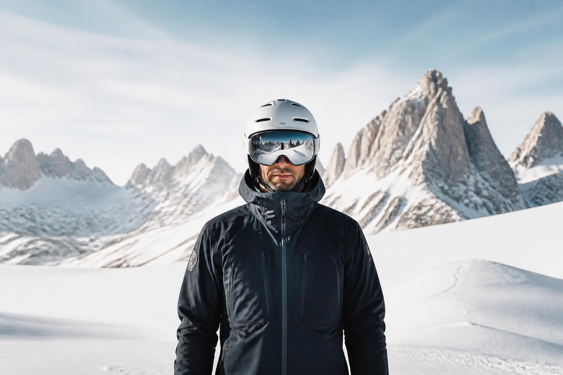 Alpine ski guide Lois Willeit in a white ski helmet and goggles on a Dolomites slope