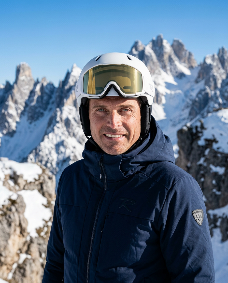 Portrait of alpine ski guide Lois Willeit in a white ski helmet and goggles above the Dolomites
