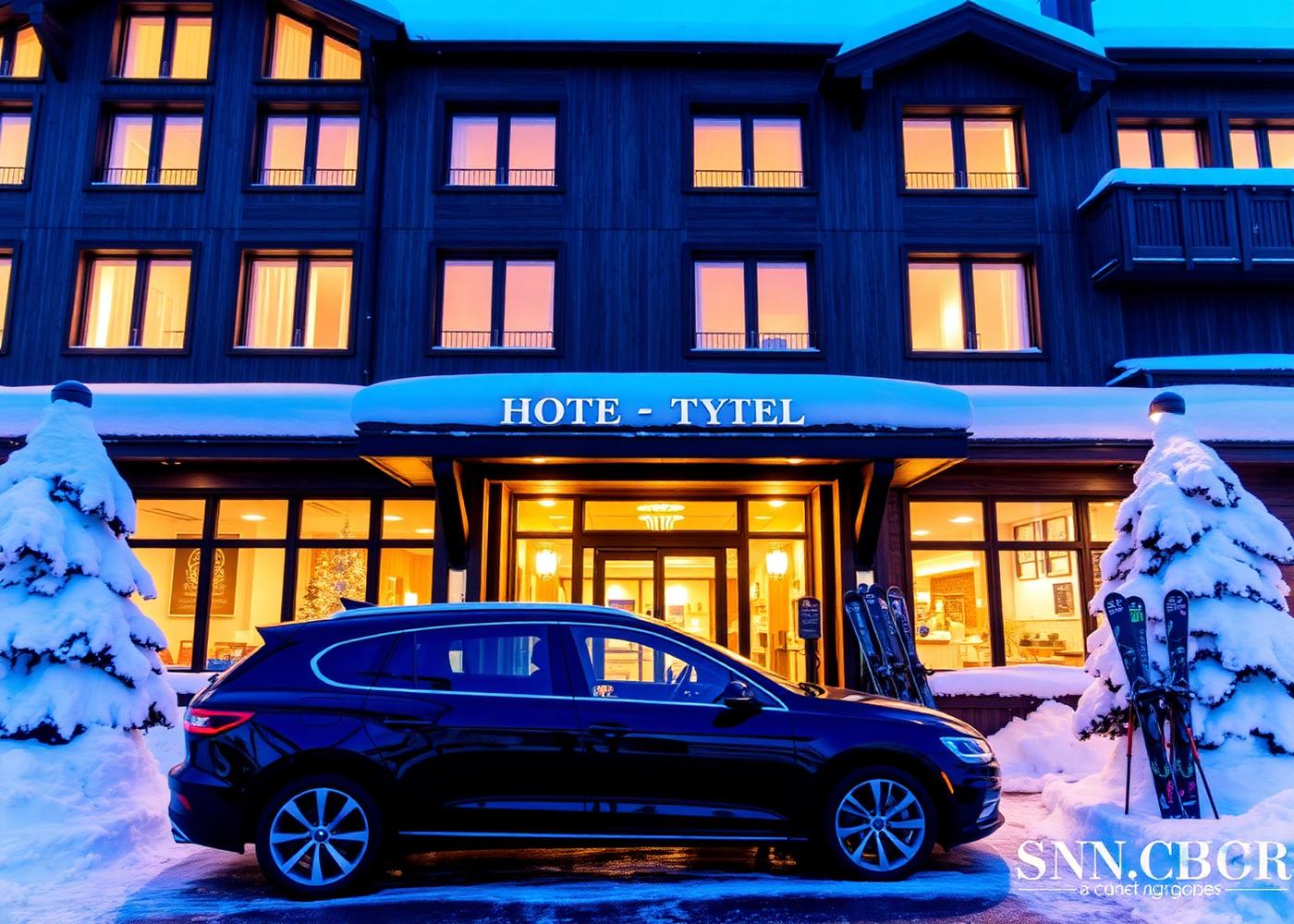 Five star alpine resort entrance in South Tyrol at blue hour