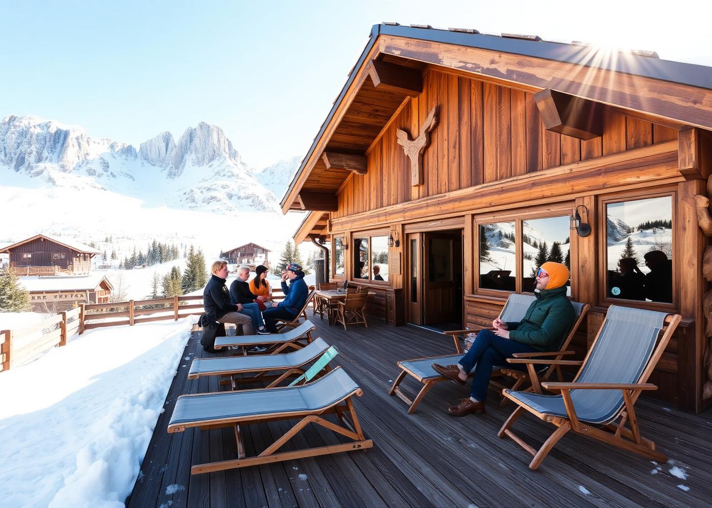 Sunny alpine hut terrace in winter with guests in ski gear