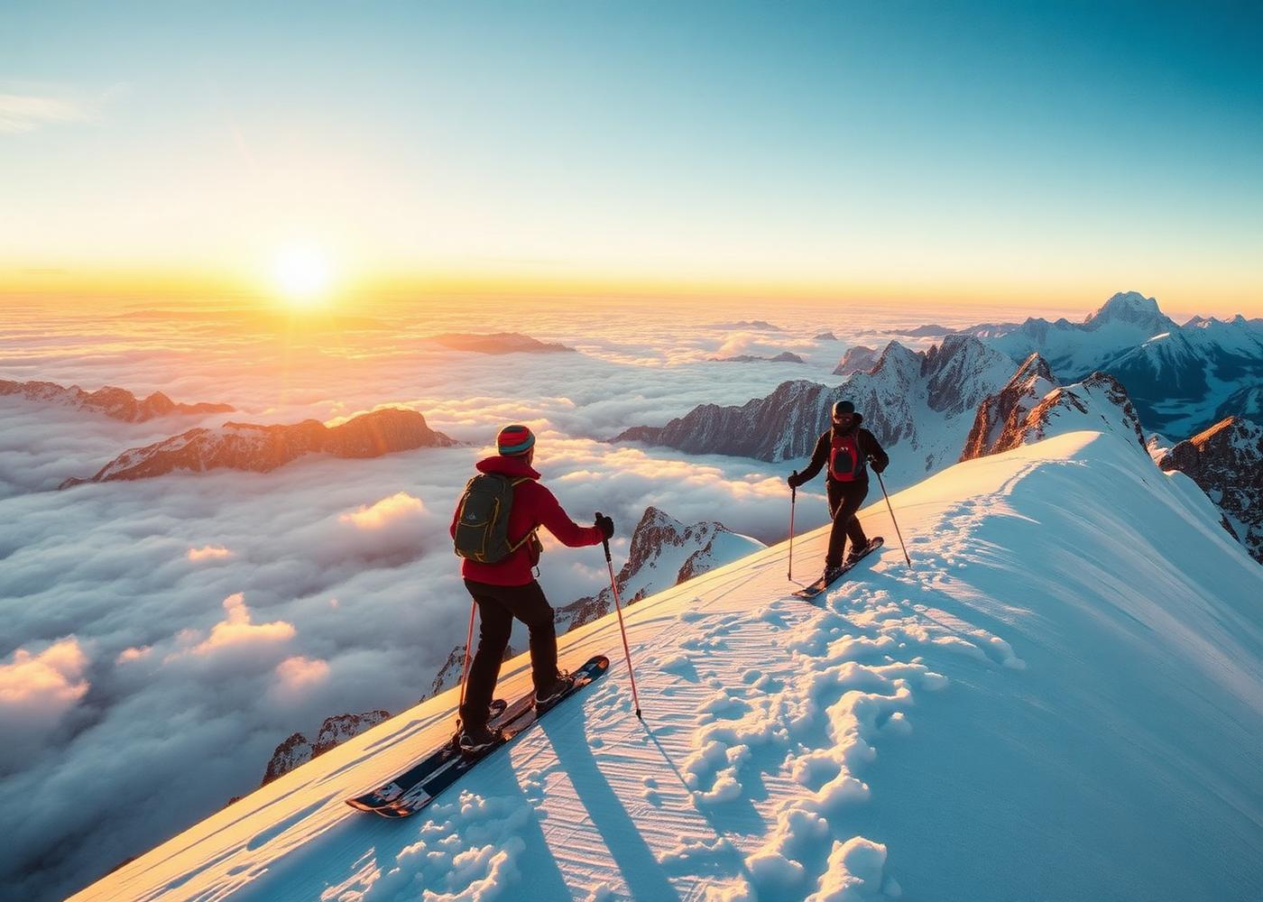 Multi-day ski touring group crossing a Dolomites ridge
