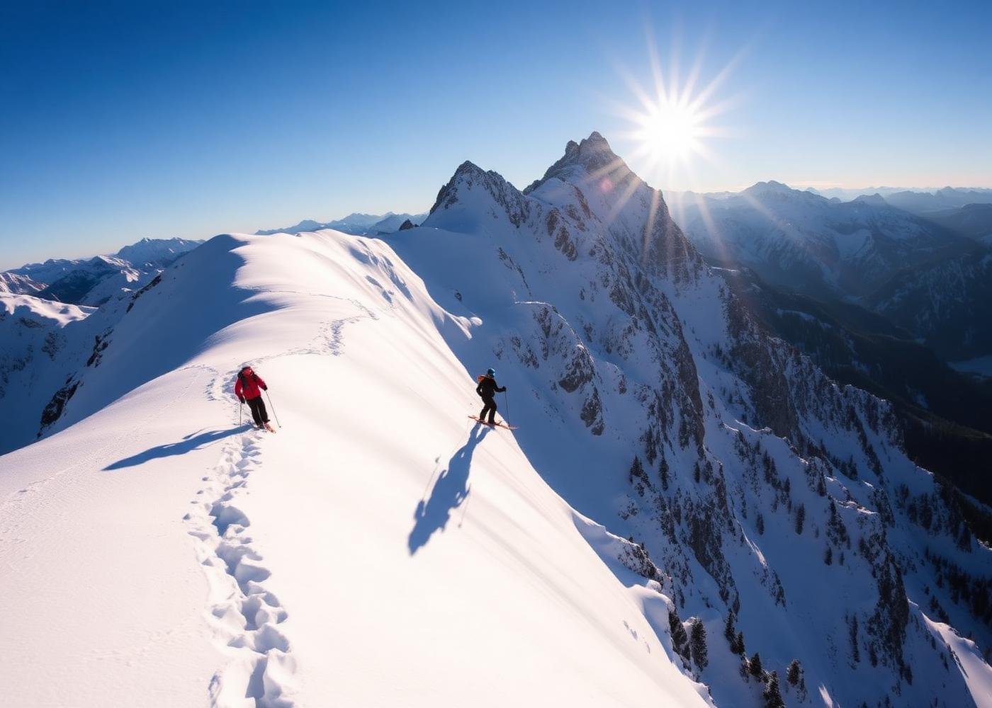 Ski tourers climbing a bright snow ridge in the Dolomites