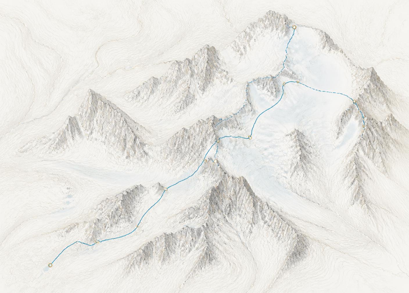 Topographic route map of a multi-day ski tour across the Dolomites with marked stages